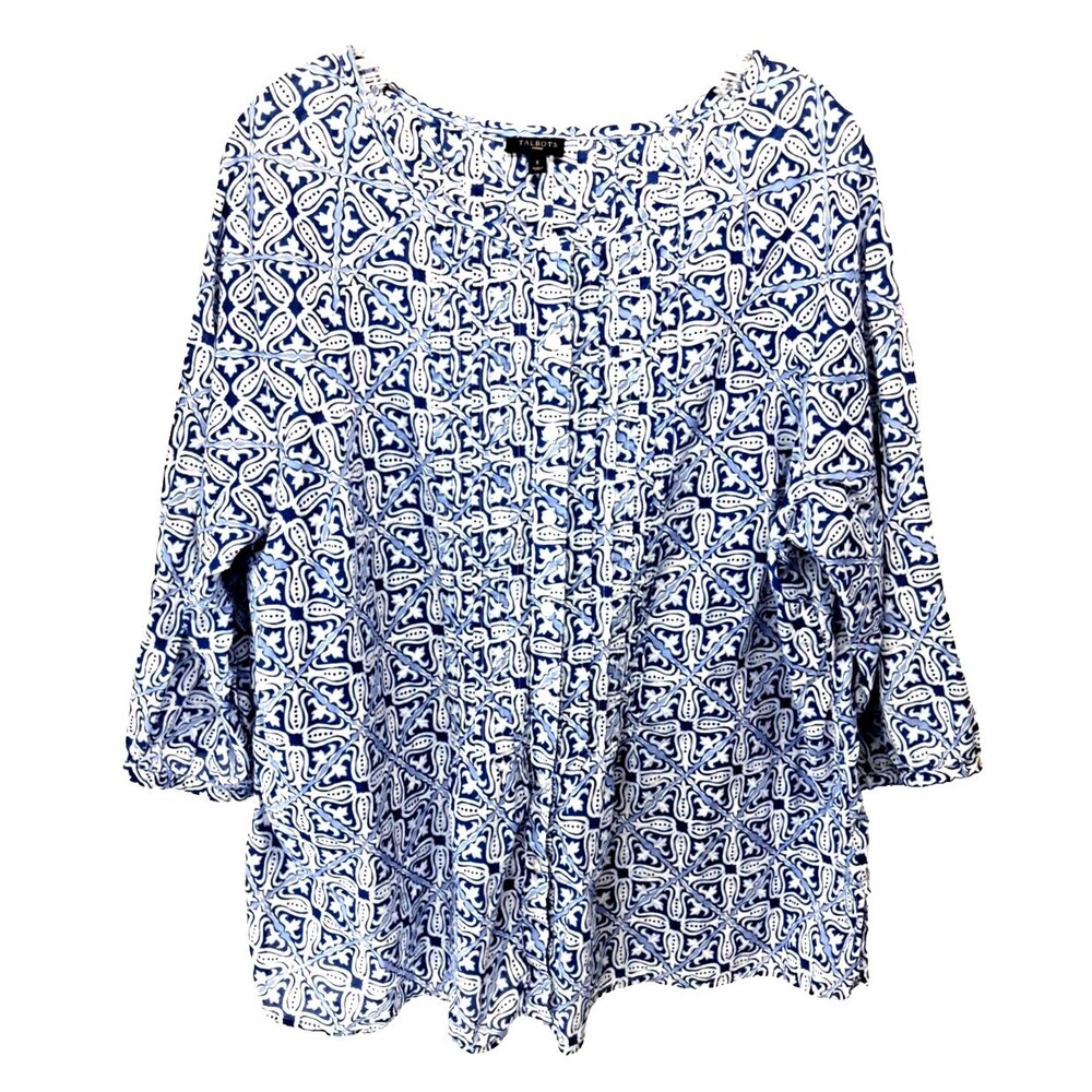 Talbot Vintage Women's Pleated Geometric Print Pleated Cotton Button Close Top